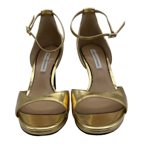 DVF Diane Von Furstenberg Jalen Heels Open Toe Ankle Strap Metallic Gold 8 - Picture 1 of 5